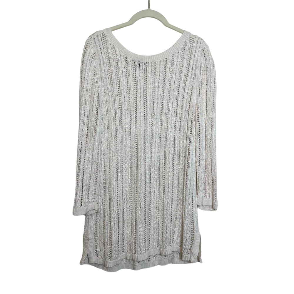 Talbots Womens Open Knit Tunic Sweater Large Linen Blend Ivory 3/4 Sleeve Beach